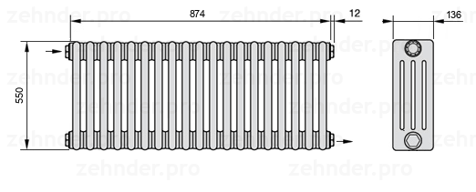 Схема (чертеж) Радиатор Zehnder Charleston 4055/19 №1670 Белый глянцевый RAL 9016